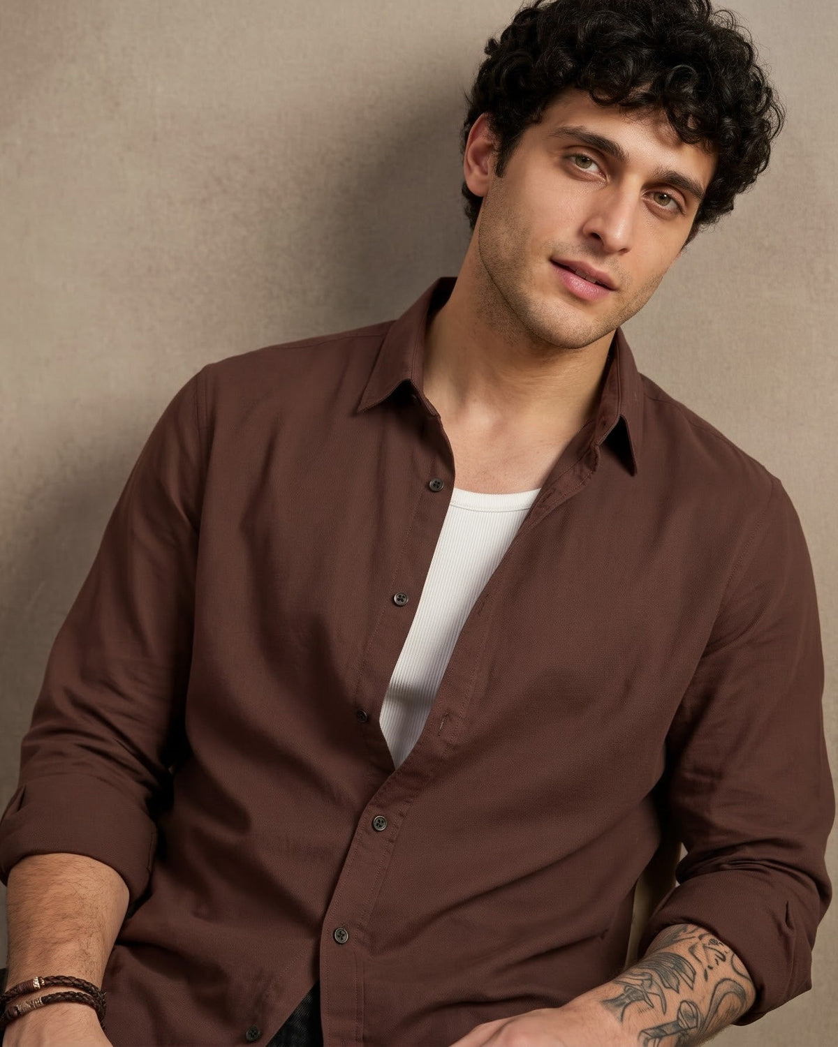Brown Plain Casual Shirt - Men
