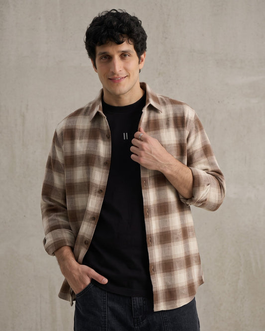 Brown & Beige Plaid Check Shirt - Men