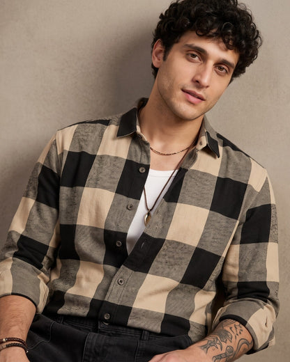 Black & Beige Buffalo Plaid Checked Shirt