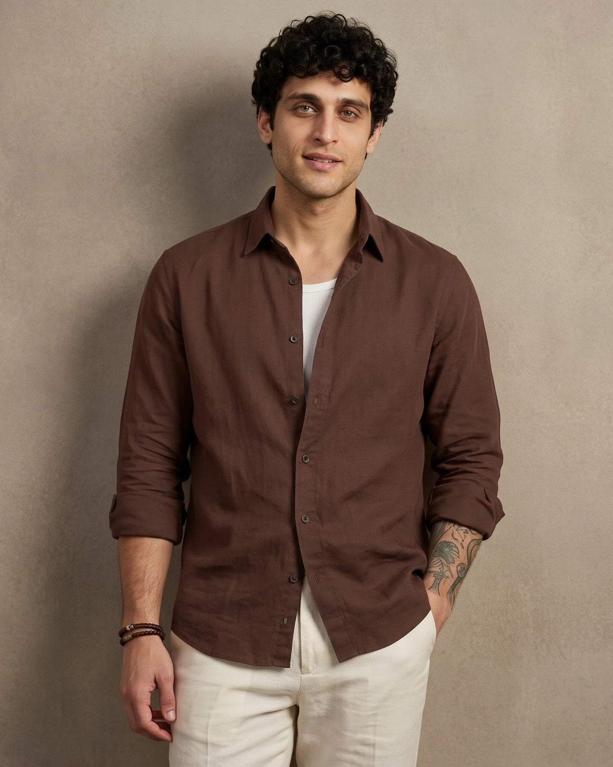 Brown Plain Casual Shirt - Men